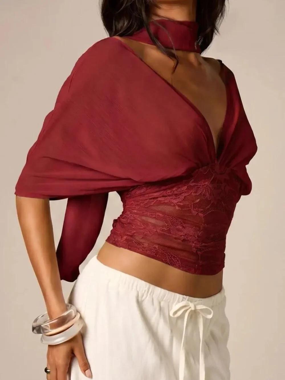 Burgundy Elegant Women's Lace Panel Crop Top